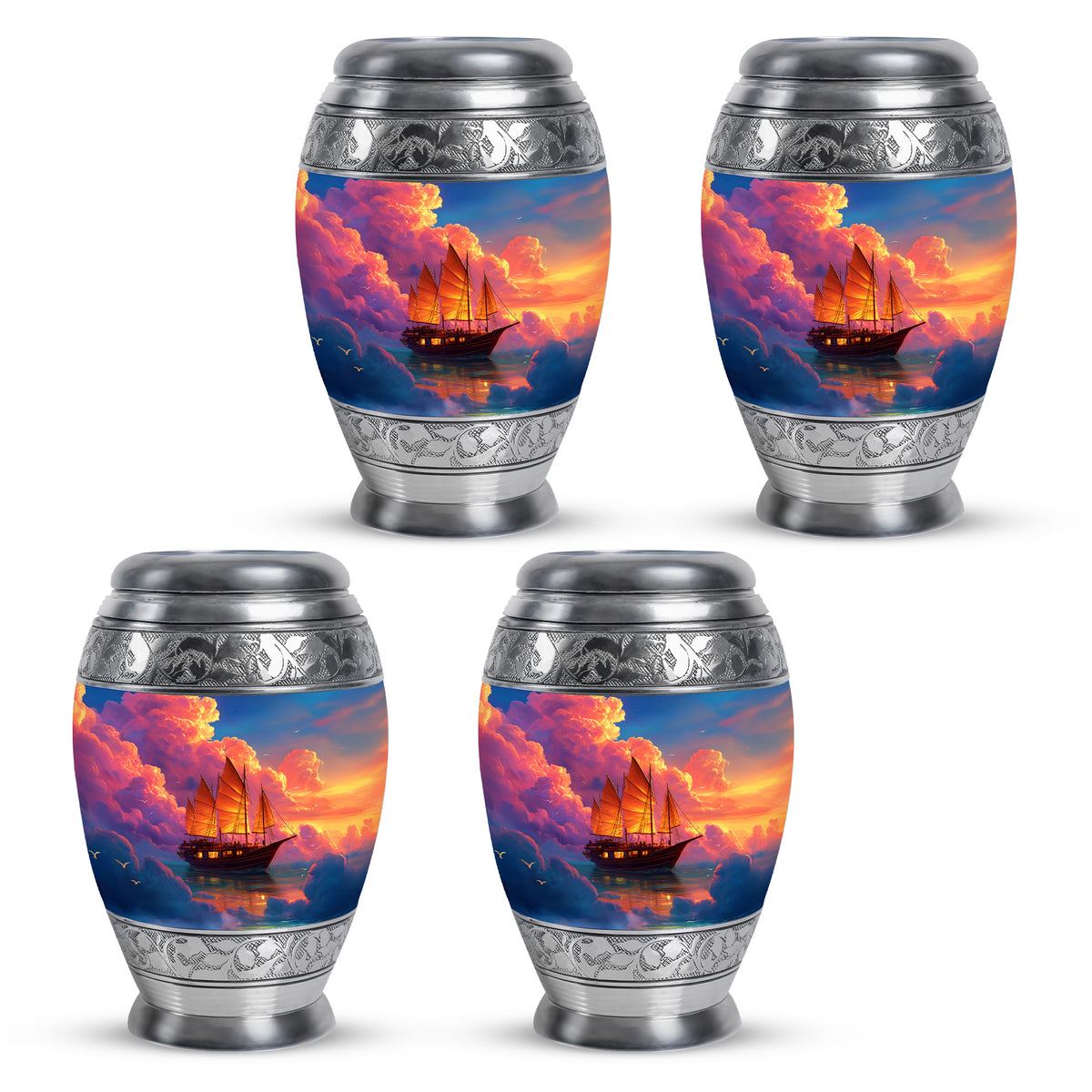 Cornflower Blue Boat Cremation Urn urn with complimentary velvet bag - royal boat engraving with decorative scrollwork - 10 inch aluminum urn for cremated remains