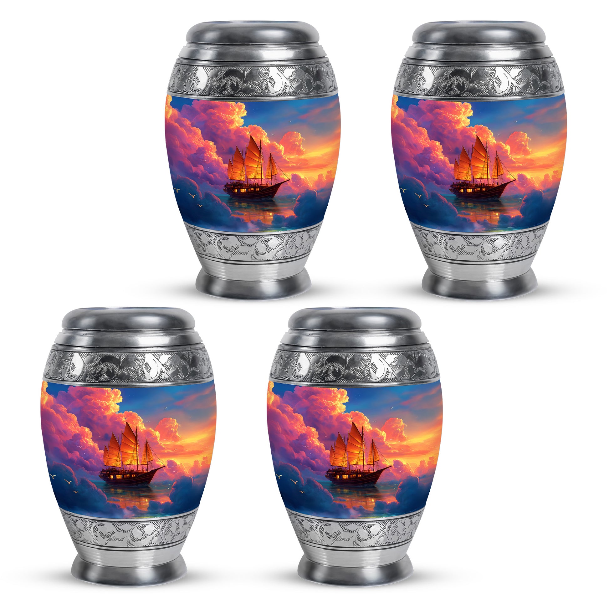 Cornflower Blue Boat Cremation Urn urn with complimentary velvet bag - royal boat engraving with decorative scrollwork - 10 inch aluminum urn for cremated remains