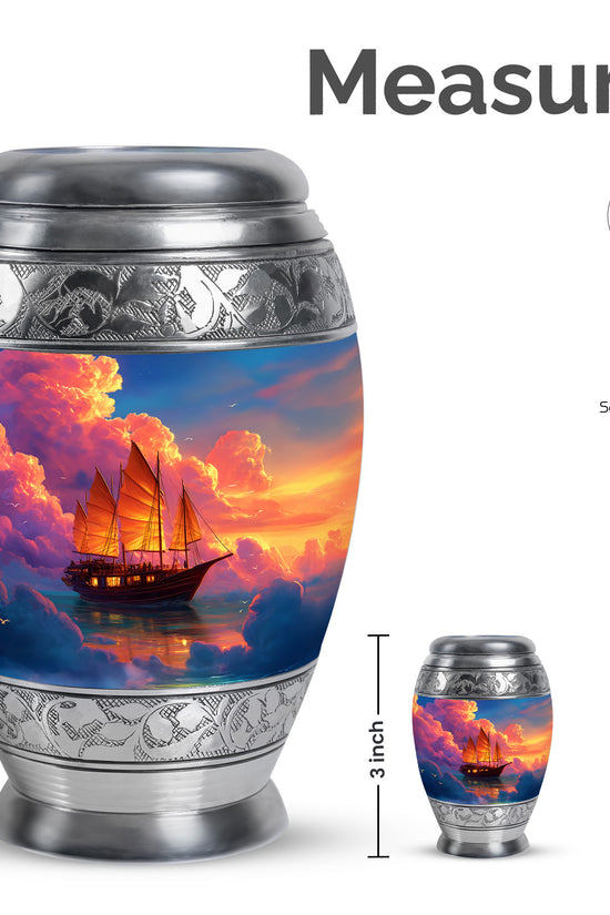 Cobalt Blue Boat Cremation Urn lifestyle display on memorial shelf - majestic boat pattern with filigree border - mini keepsake memorial for portion of cremation ashes