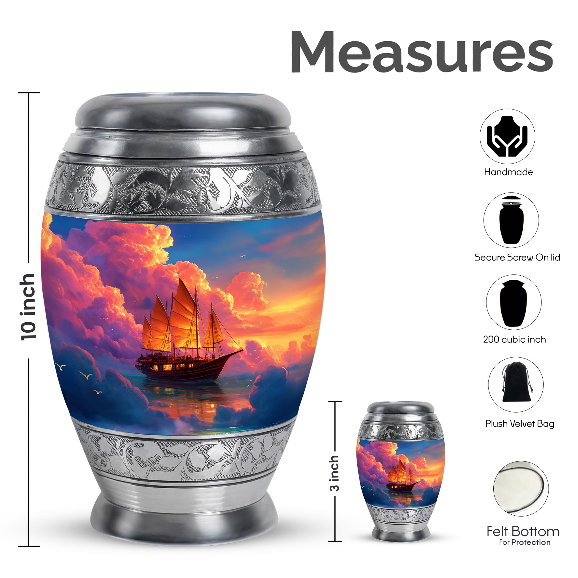 Cobalt Blue Boat Cremation Urn lifestyle display on memorial shelf - majestic boat pattern with filigree border - mini keepsake memorial for portion of cremation ashes