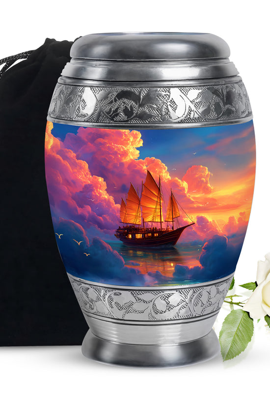 Cobalt Blue Boat Cremation Urn back view with polished surface - majestic boat pattern with filigree border - full-size 10 inch 200 cubic inch adult cremation urn