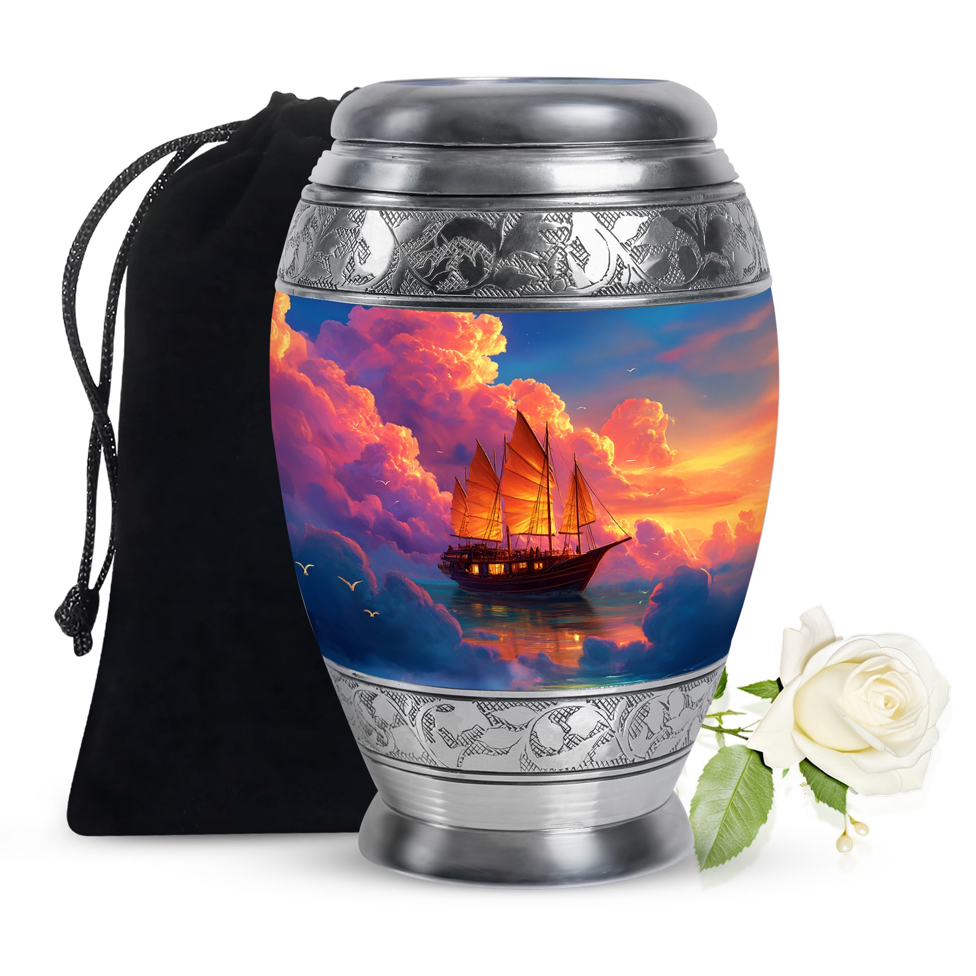 Cobalt Blue Boat Cremation Urn back view with polished surface - majestic boat pattern with filigree border - full-size 10 inch 200 cubic inch adult cremation urn