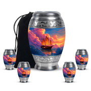 Sapphire Blue Boat Cremation Urn detail view - royal boat engraving with decorative scrollwork - memorial set with one large and four small urns