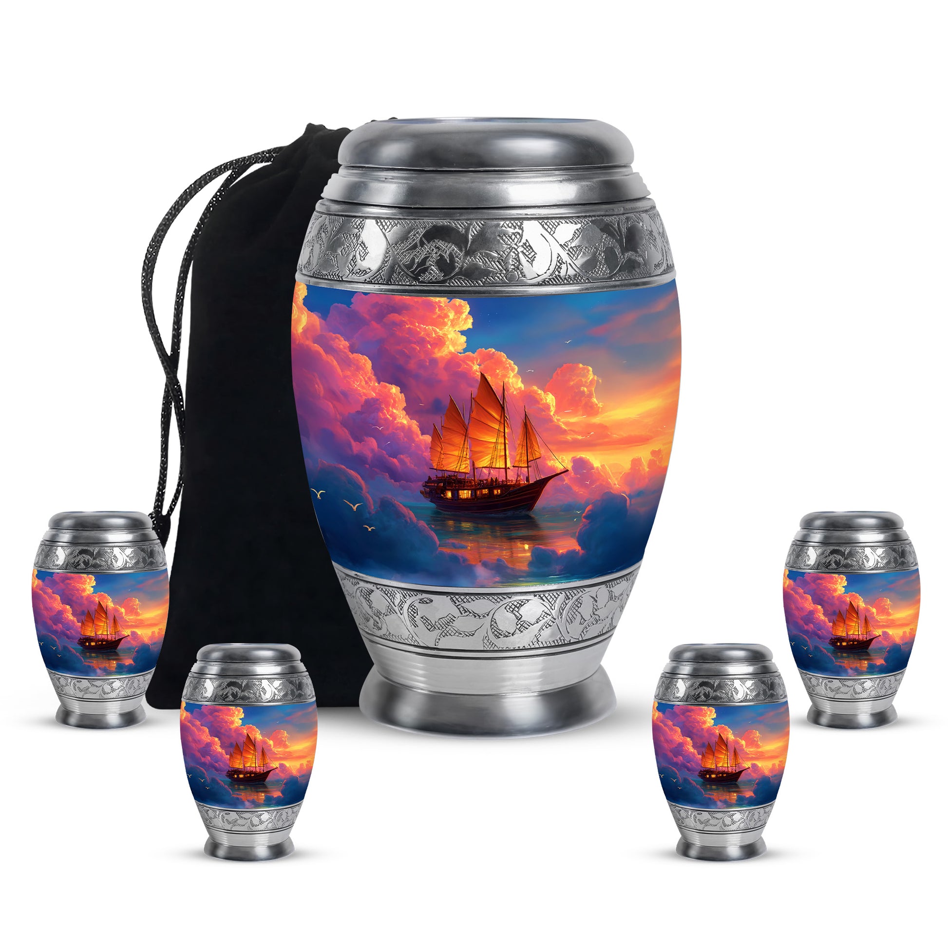 Sapphire Blue Boat Cremation Urn detail view - royal boat engraving with decorative scrollwork - memorial set with one large and four small urns