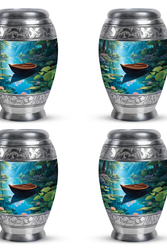 Vivid Blue Boat Cremation Urn urn with complimentary velvet bag - royal boat engraving with decorative scrollwork - 10 inch aluminum urn for cremated remains