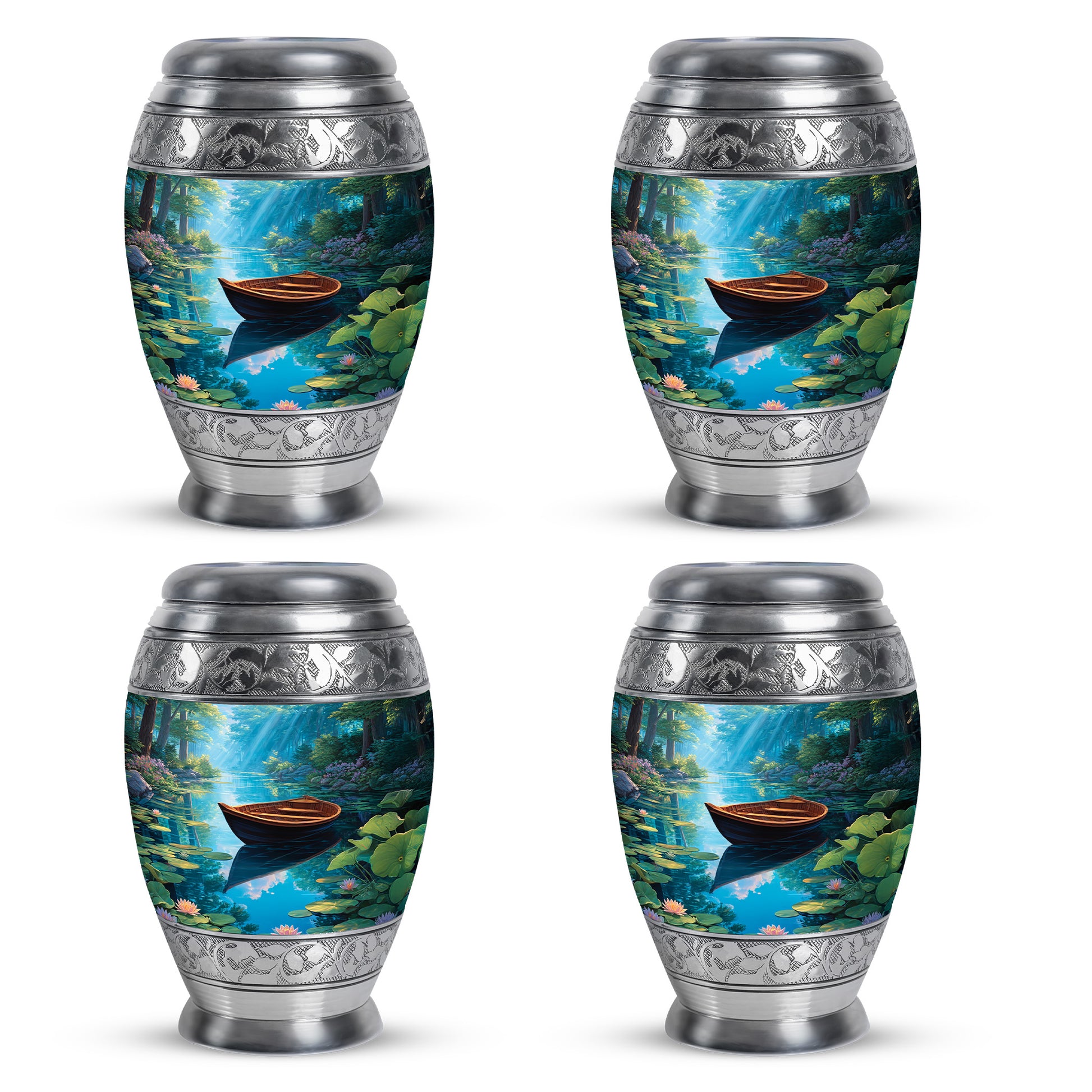 Vivid Blue Boat Cremation Urn urn with complimentary velvet bag - royal boat engraving with decorative scrollwork - 10 inch aluminum urn for cremated remains