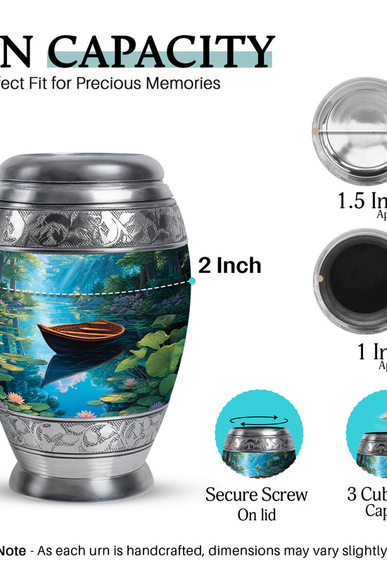 Indigo Boat Cremation Urn lifestyle display on memorial shelf - regal boat design with crown-inspired accents - mini keepsake memorial for portion of cremation ashes