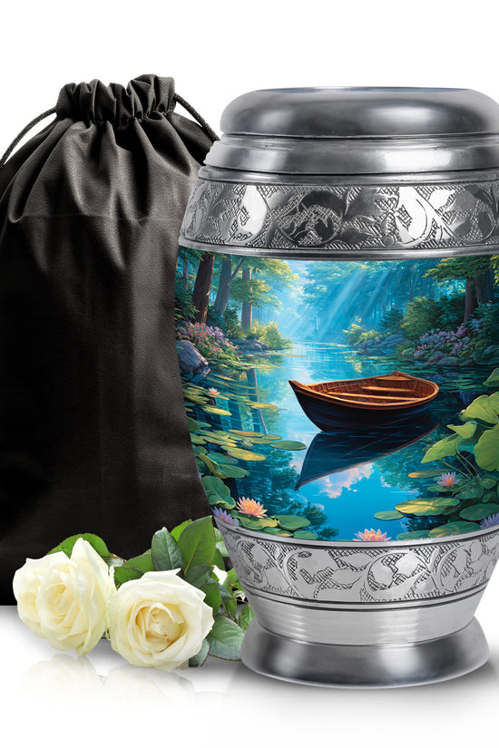 Serene Blue Boat Cremation Urn back view with polished surface - majestic boat pattern with filigree border - full-size 10 inch 200 cubic inch adult cremation urn
