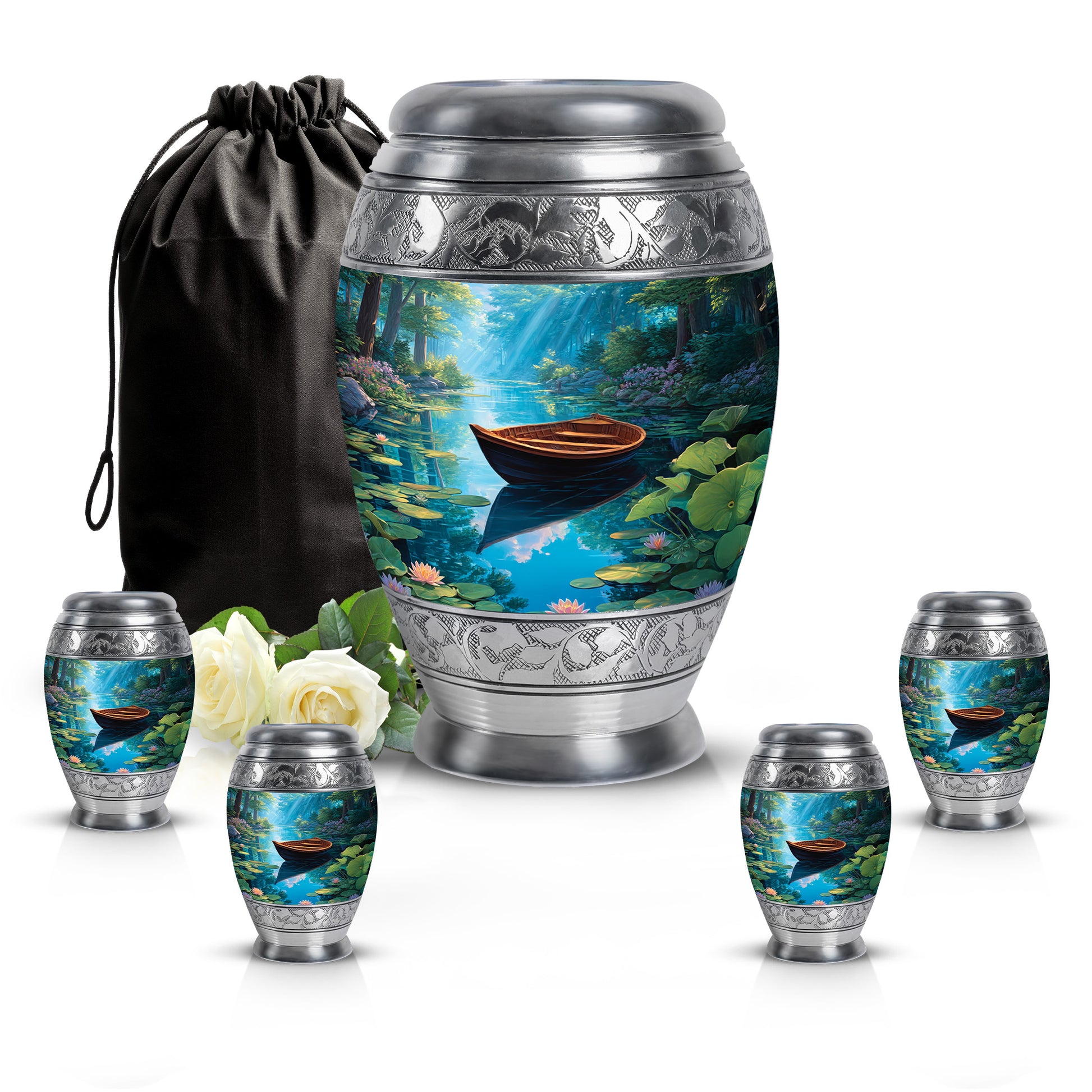 Celestial Blue Boat Cremation Urn detail view - ornate monarch-style boat relief on brushed aluminum - memorial set with one large and four small urns