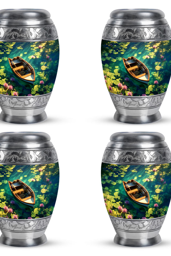 Dusty Blue Boat Cremation Urn urn with complimentary velvet bag - ornate monarch-style boat relief on brushed aluminum - 10 inch aluminum urn for cremated remains