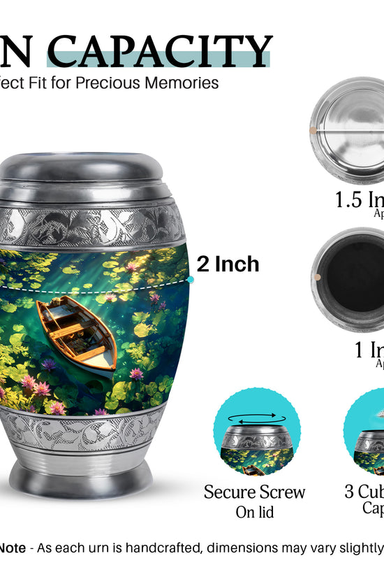 Vivid Blue Boat Cremation Urn lifestyle display on memorial shelf - royal boat engraving with decorative scrollwork - mini keepsake memorial for portion of cremation ashes