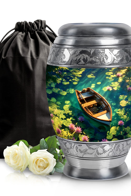 Navy Blue Boat Cremation Urn back view with polished surface - ornate monarch-style boat relief on brushed aluminum - full-size 10 inch 200 cubic inch adult cremation urn