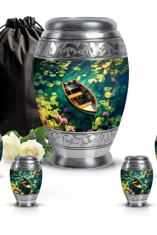 Indigo Boat Cremation Urn detail view - regal boat design with crown-inspired accents - memorial set with one large and four small urns