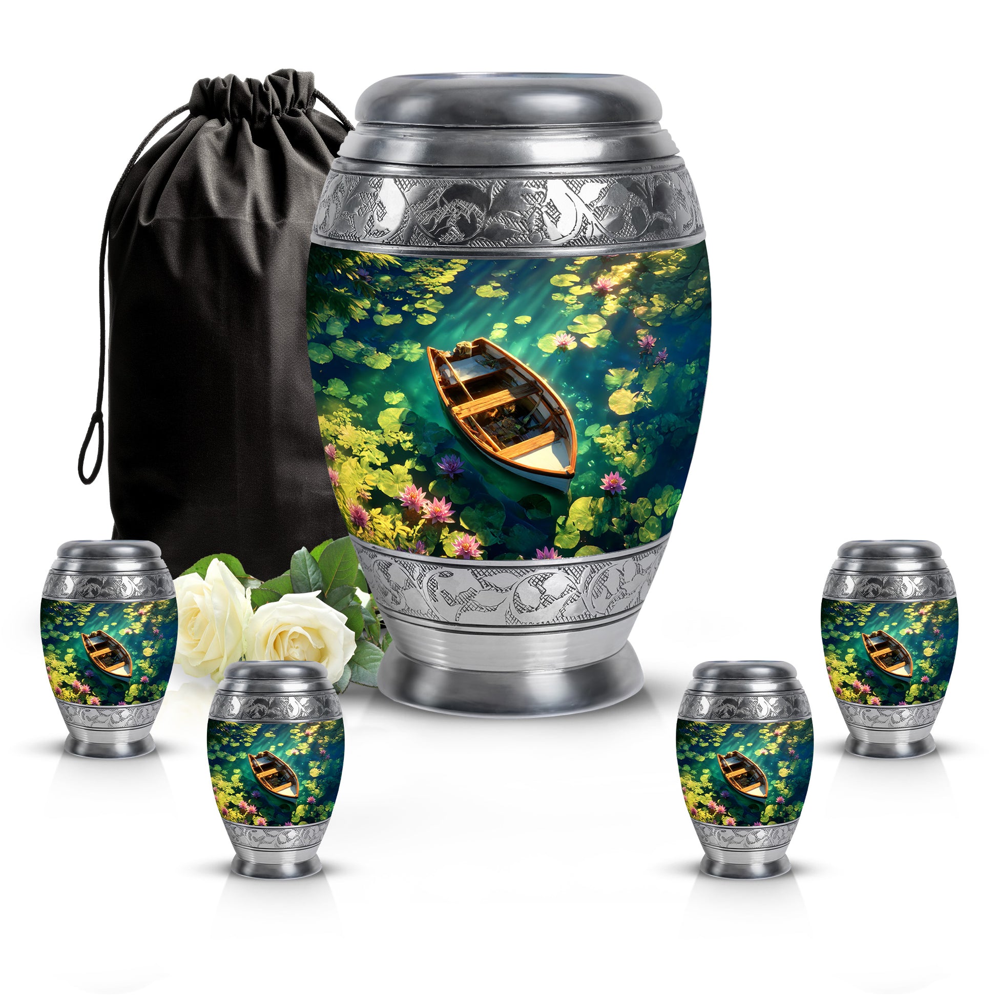 Indigo Boat Cremation Urn detail view - regal boat design with crown-inspired accents - memorial set with one large and four small urns