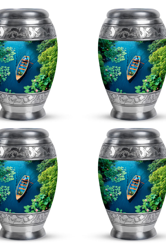 Sea Green Teal Boat Cremation Urn urn with complimentary velvet bag - ornate monarch-style boat relief on brushed aluminum - 10 inch aluminum urn for cremated remains