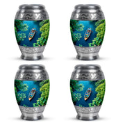 Sea Green Teal Boat Cremation Urn urn with complimentary velvet bag - ornate monarch-style boat relief on brushed aluminum - 10 inch aluminum urn for cremated remains