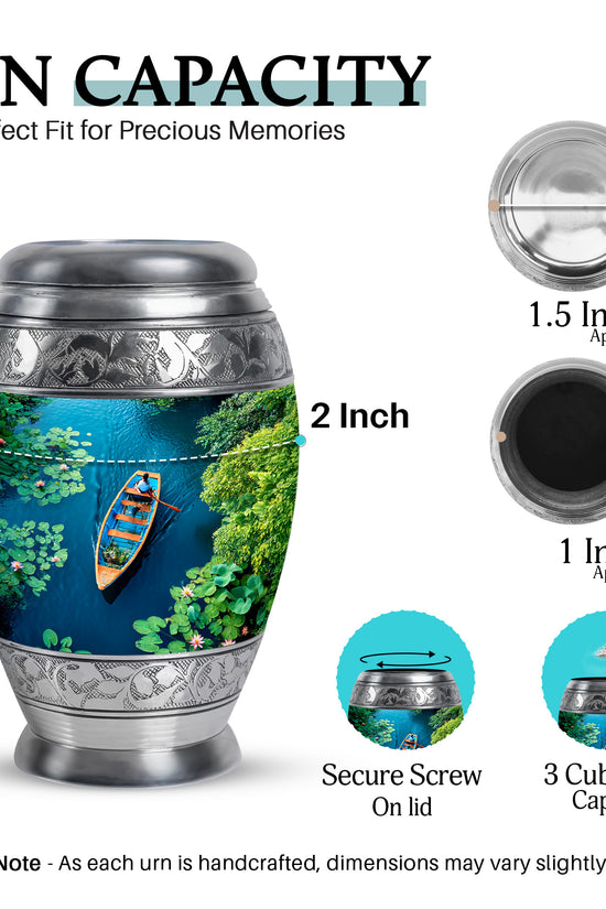 Aqua Teal Boat Cremation Urn lifestyle display on memorial shelf - majestic boat pattern with filigree border - mini keepsake memorial for portion of cremation ashes
