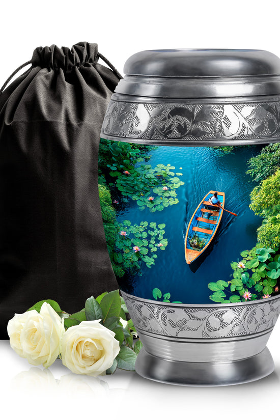 Ocean Teal Boat Cremation Urn back view with polished surface - regal boat design with crown-inspired accents - full-size 10 inch 200 cubic inch adult cremation urn