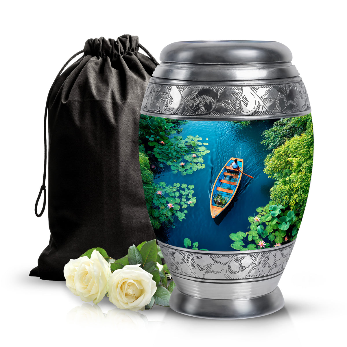 Ocean Teal Boat Cremation Urn back view with polished surface - regal boat design with crown-inspired accents - full-size 10 inch 200 cubic inch adult cremation urn