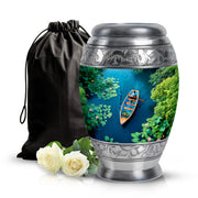 Ocean Teal Boat Cremation Urn back view with polished surface - regal boat design with crown-inspired accents - full-size 10 inch 200 cubic inch adult cremation urn