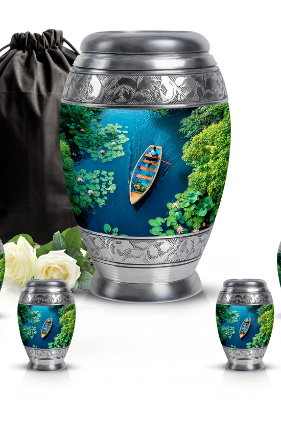Vivid Teal Boat Cremation Urn detail view - royal boat engraving with decorative scrollwork - memorial set with one large and four small urns