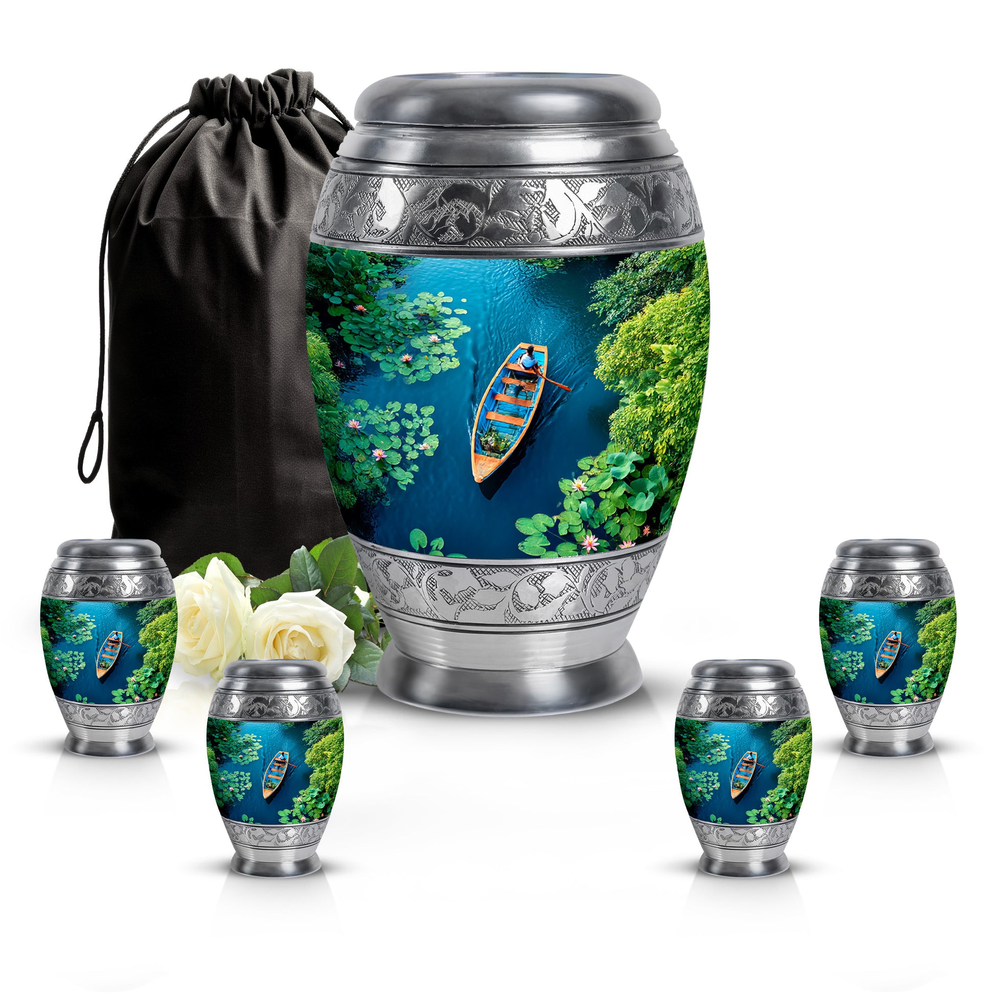 Vivid Teal Boat Cremation Urn detail view - royal boat engraving with decorative scrollwork - memorial set with one large and four small urns