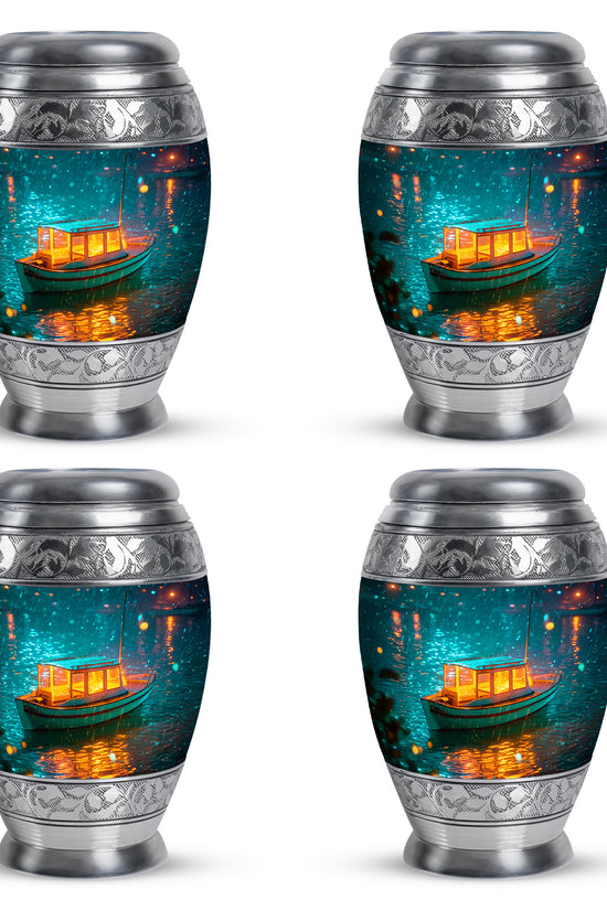 Sea Green Teal Boat Cremation Urn urn with complimentary velvet bag - ornate monarch-style boat relief on brushed aluminum - 10 inch aluminum urn for cremated remains