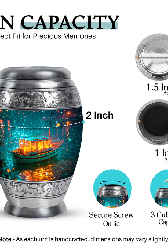 Jewel Teal Boat Cremation Urn lifestyle display on memorial shelf - regal boat design with crown-inspired accents - mini keepsake memorial for portion of cremation ashes