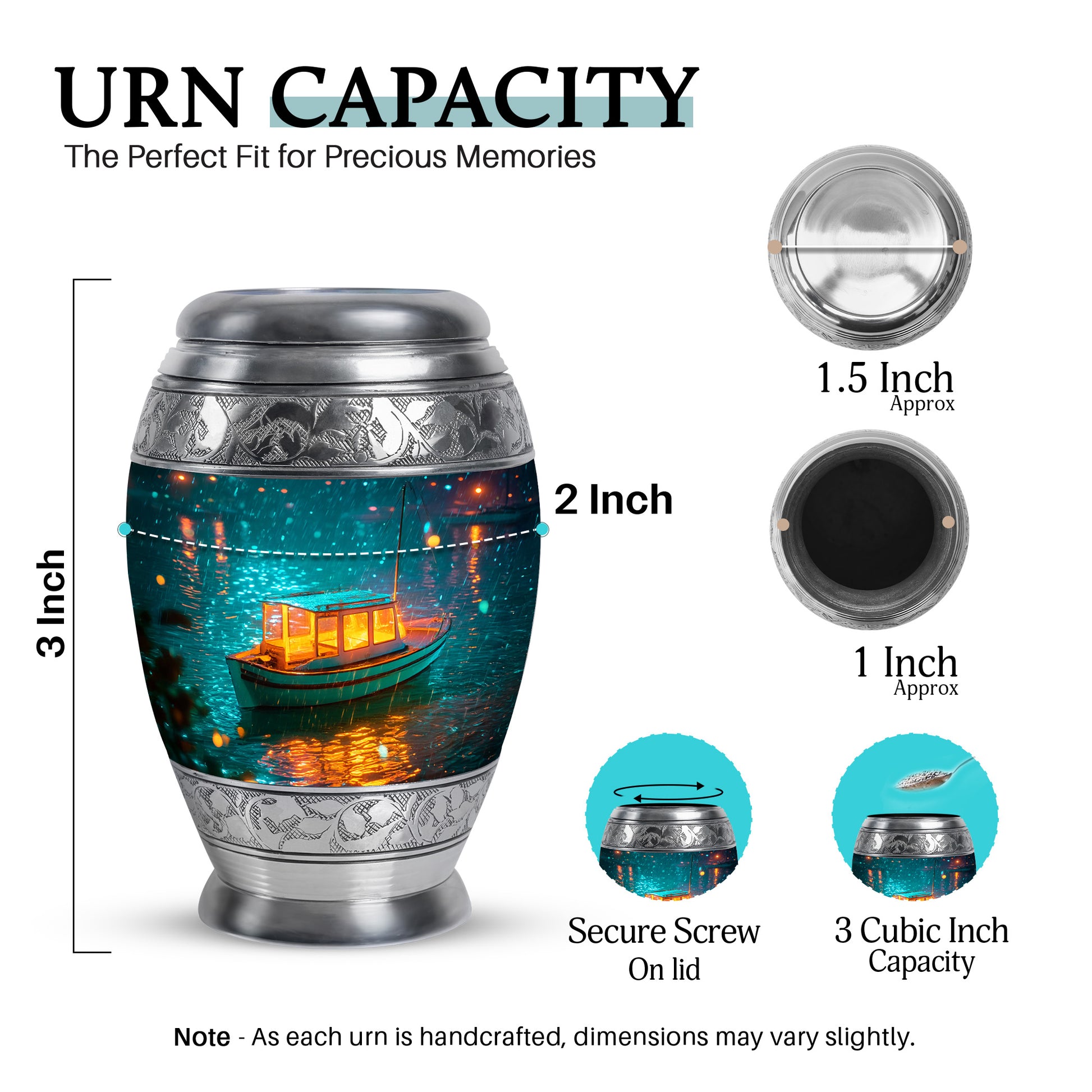 Jewel Teal Boat Cremation Urn lifestyle display on memorial shelf - regal boat design with crown-inspired accents - mini keepsake memorial for portion of cremation ashes
