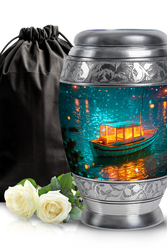 Jewel Teal Boat Cremation Urn back view with polished surface - regal boat design with crown-inspired accents - full-size 10 inch 200 cubic inch adult cremation urn