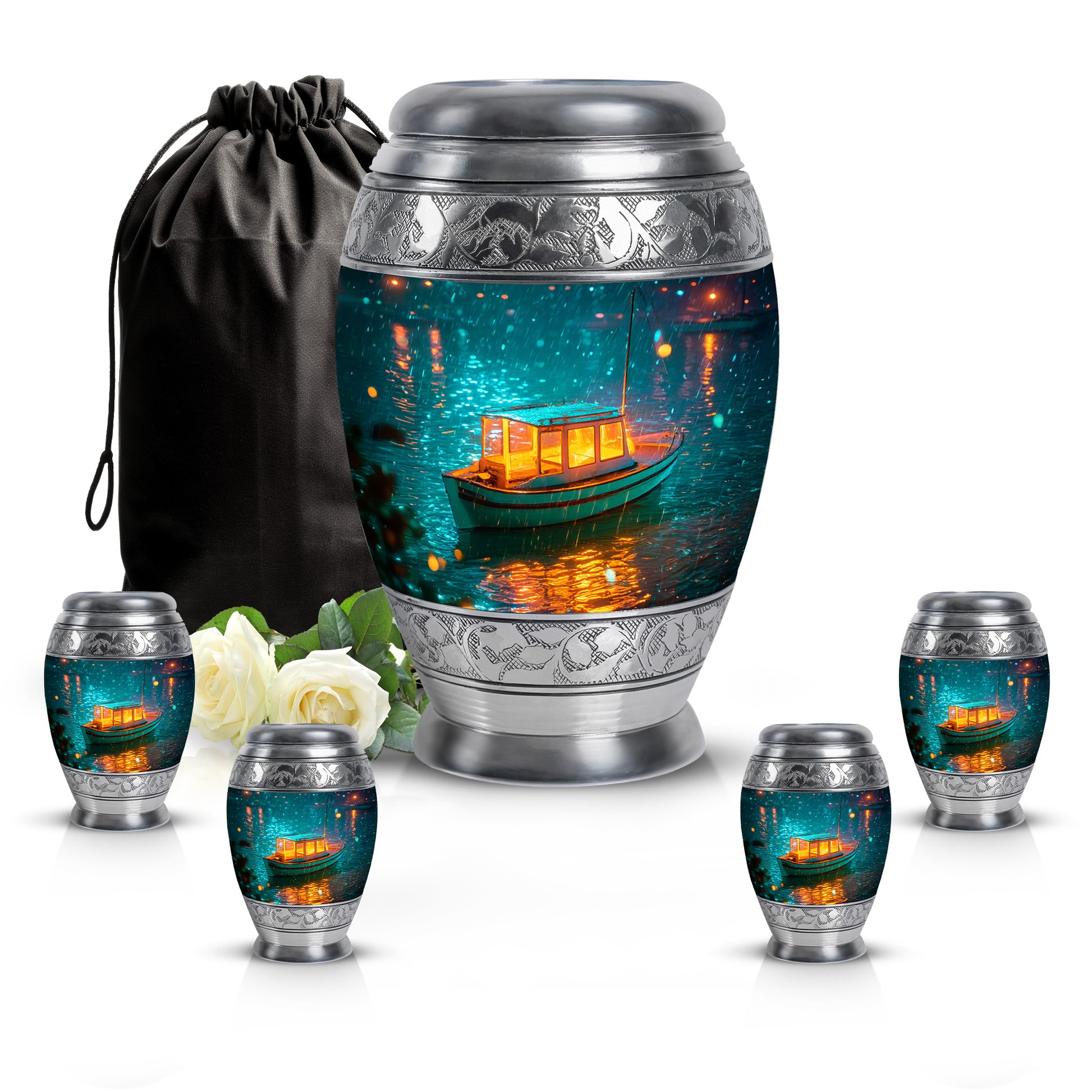 Cool Teal Boat Cremation Urn detail view - ornate monarch-style boat relief on brushed aluminum - memorial set with one large and four small urns