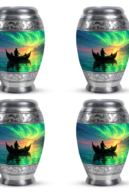 Powder Blue Boat Cremation Urn urn with complimentary velvet bag - regal boat design with crown-inspired accents - 10 inch aluminum urn for cremated remains