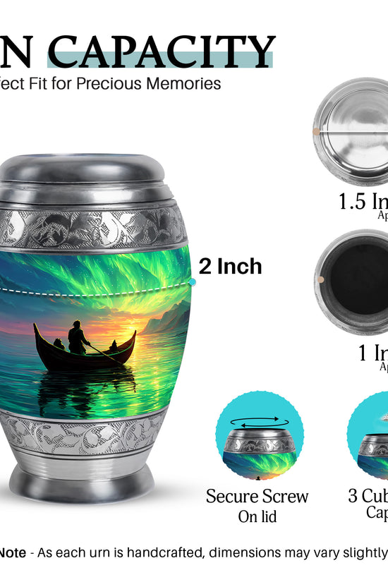 Misty Blue Boat Cremation Urn lifestyle display on memorial shelf - ornate monarch-style boat relief on brushed aluminum - mini keepsake memorial for portion of cremation ashes