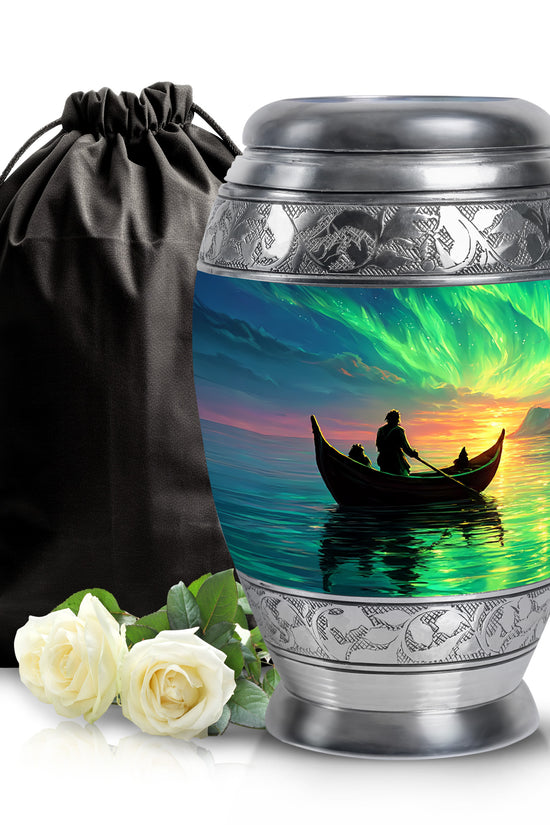Azure Boat Cremation Urn back view with polished surface - regal boat design with crown-inspired accents - full-size 10 inch 200 cubic inch adult cremation urn