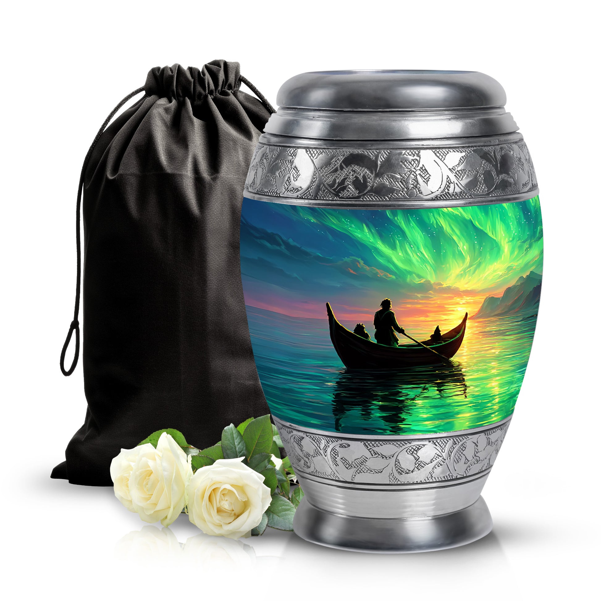 Azure Boat Cremation Urn back view with polished surface - regal boat design with crown-inspired accents - full-size 10 inch 200 cubic inch adult cremation urn