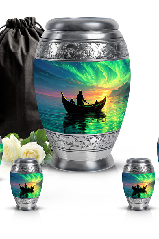 Steel Blue Boat Cremation Urn detail view - royal boat engraving with decorative scrollwork - memorial set with one large and four small urns
