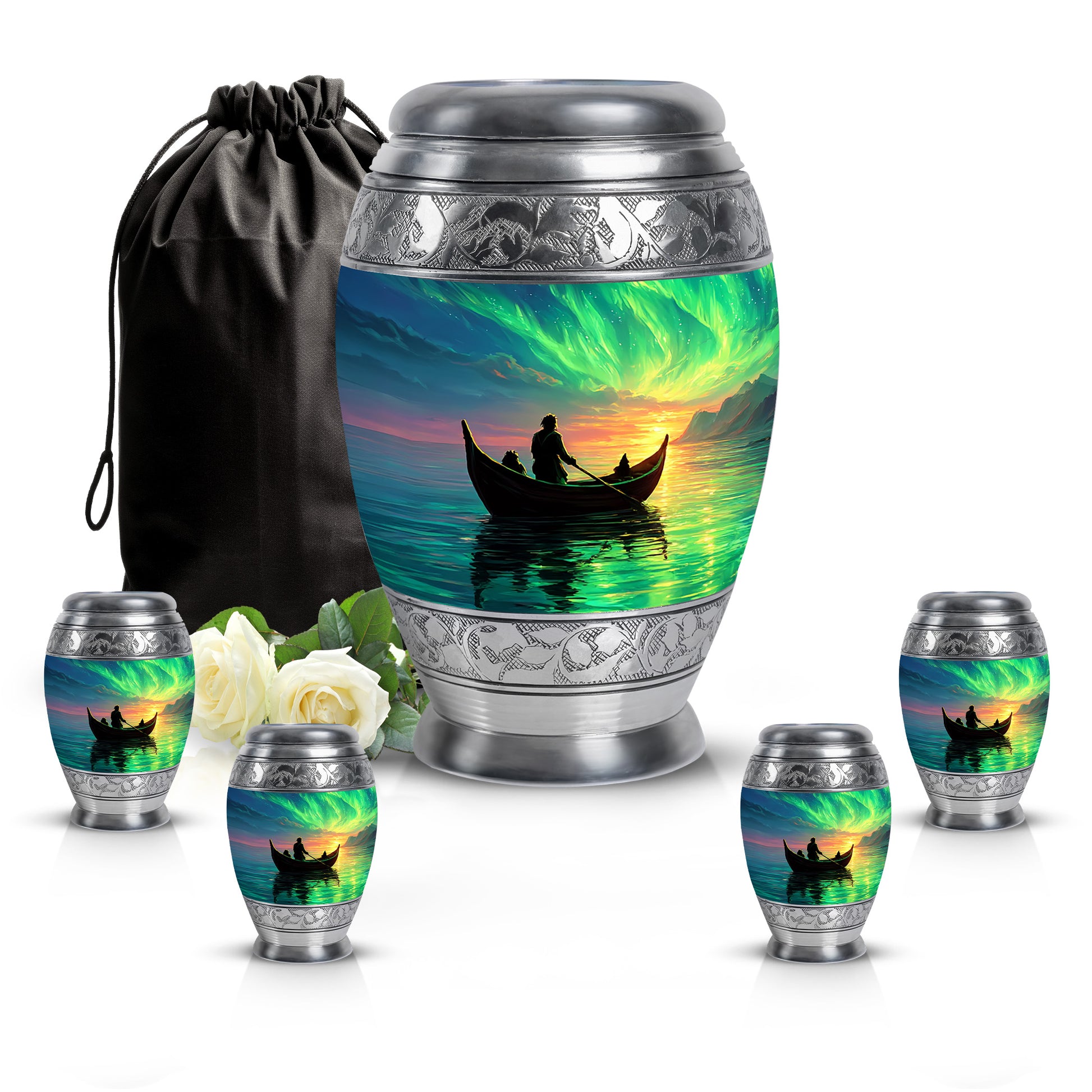 Steel Blue Boat Cremation Urn detail view - royal boat engraving with decorative scrollwork - memorial set with one large and four small urns