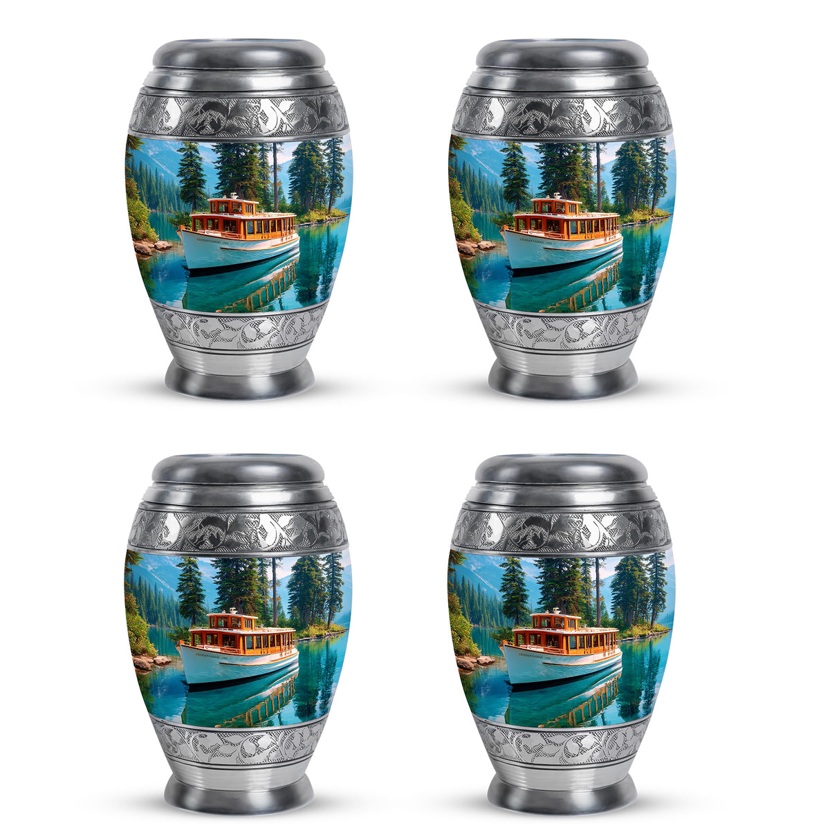 Cornflower Blue Boat Cremation Urn urn with complimentary velvet bag - royal boat engraving with decorative scrollwork - 10 inch aluminum urn for cremated remains