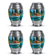 Cornflower Blue Boat Cremation Urn urn with complimentary velvet bag - royal boat engraving with decorative scrollwork - 10 inch aluminum urn for cremated remains