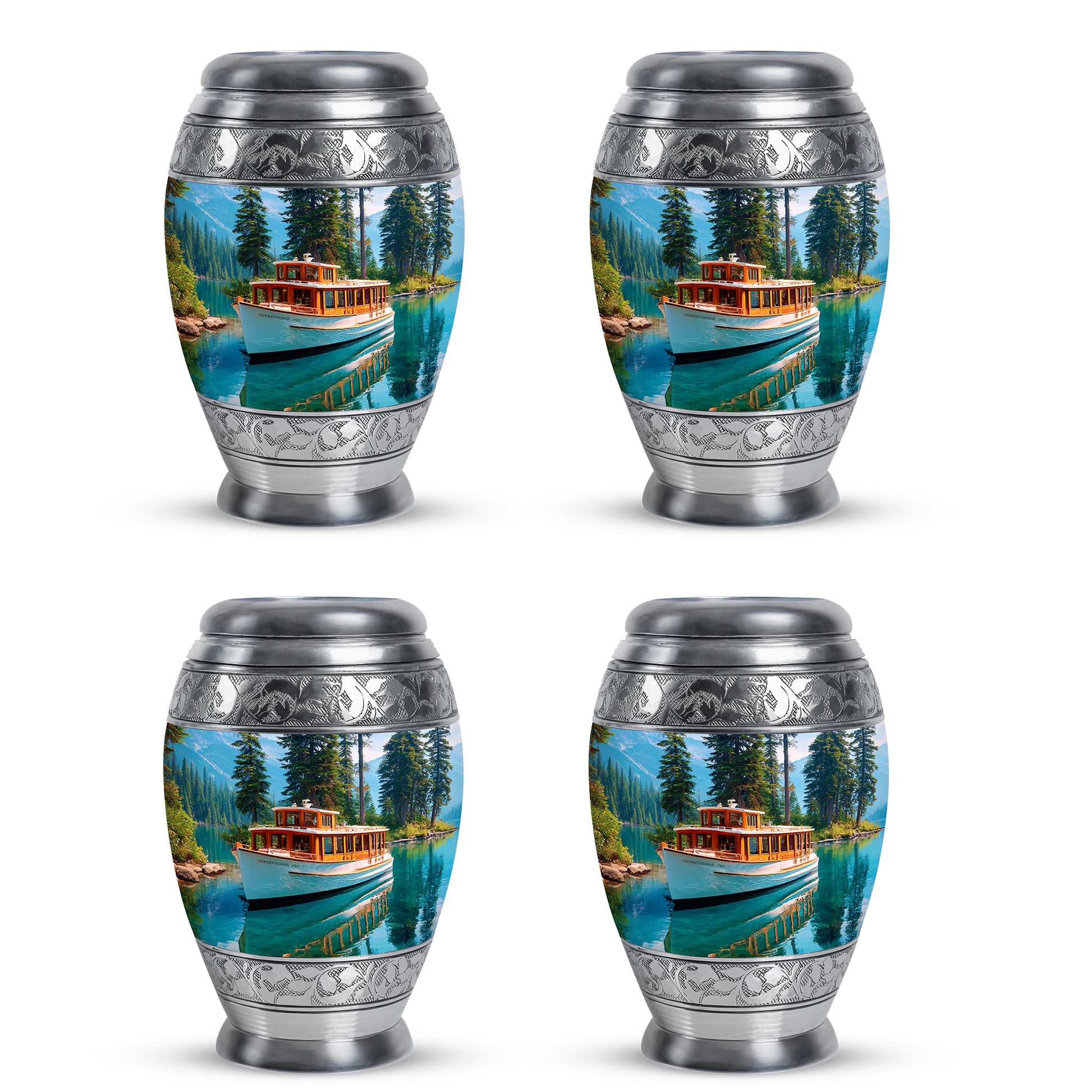 Cornflower Blue Boat Cremation Urn urn with complimentary velvet bag - royal boat engraving with decorative scrollwork - 10 inch aluminum urn for cremated remains