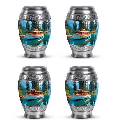 Cornflower Blue Boat Cremation Urn urn with complimentary velvet bag - royal boat engraving with decorative scrollwork - 10 inch aluminum urn for cremated remains