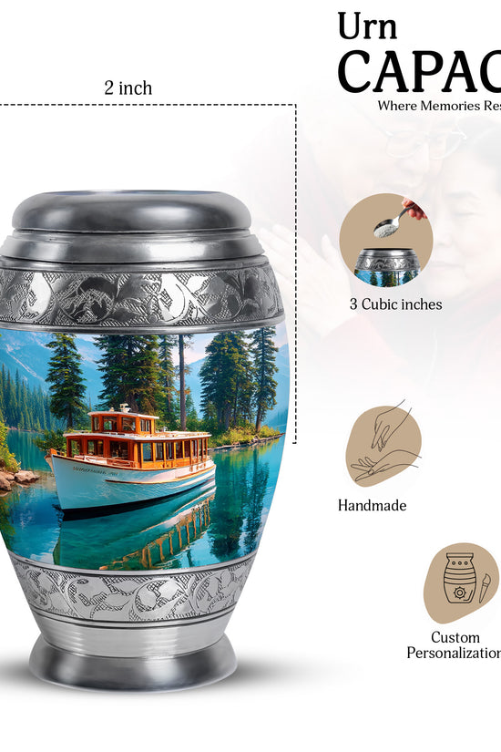 Vivid Blue Boat Cremation Urn lifestyle display on memorial shelf - majestic boat pattern with filigree border - mini keepsake memorial for portion of cremation ashes