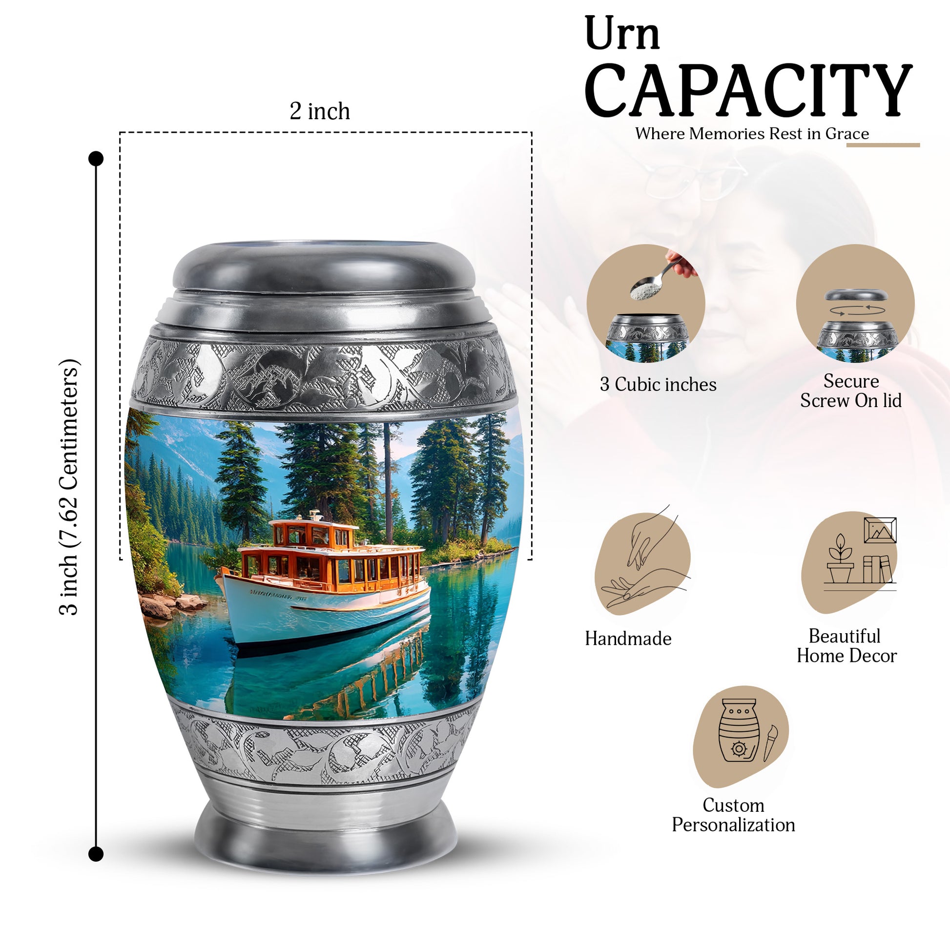 Vivid Blue Boat Cremation Urn lifestyle display on memorial shelf - majestic boat pattern with filigree border - mini keepsake memorial for portion of cremation ashes