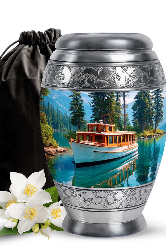 Celestial Blue Boat Cremation Urn back view with polished surface - ornate monarch-style boat relief on brushed aluminum - full-size 10 inch 200 cubic inch adult cremation urn