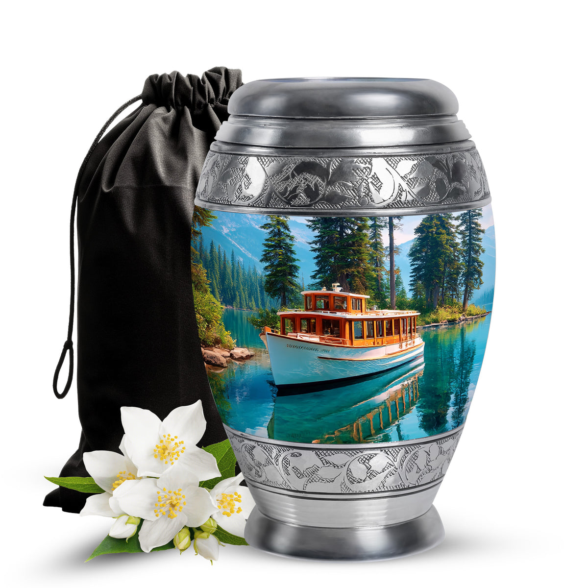 Celestial Blue Boat Cremation Urn back view with polished surface - ornate monarch-style boat relief on brushed aluminum - full-size 10 inch 200 cubic inch adult cremation urn
