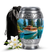 Celestial Blue Boat Cremation Urn back view with polished surface - ornate monarch-style boat relief on brushed aluminum - full-size 10 inch 200 cubic inch adult cremation urn
