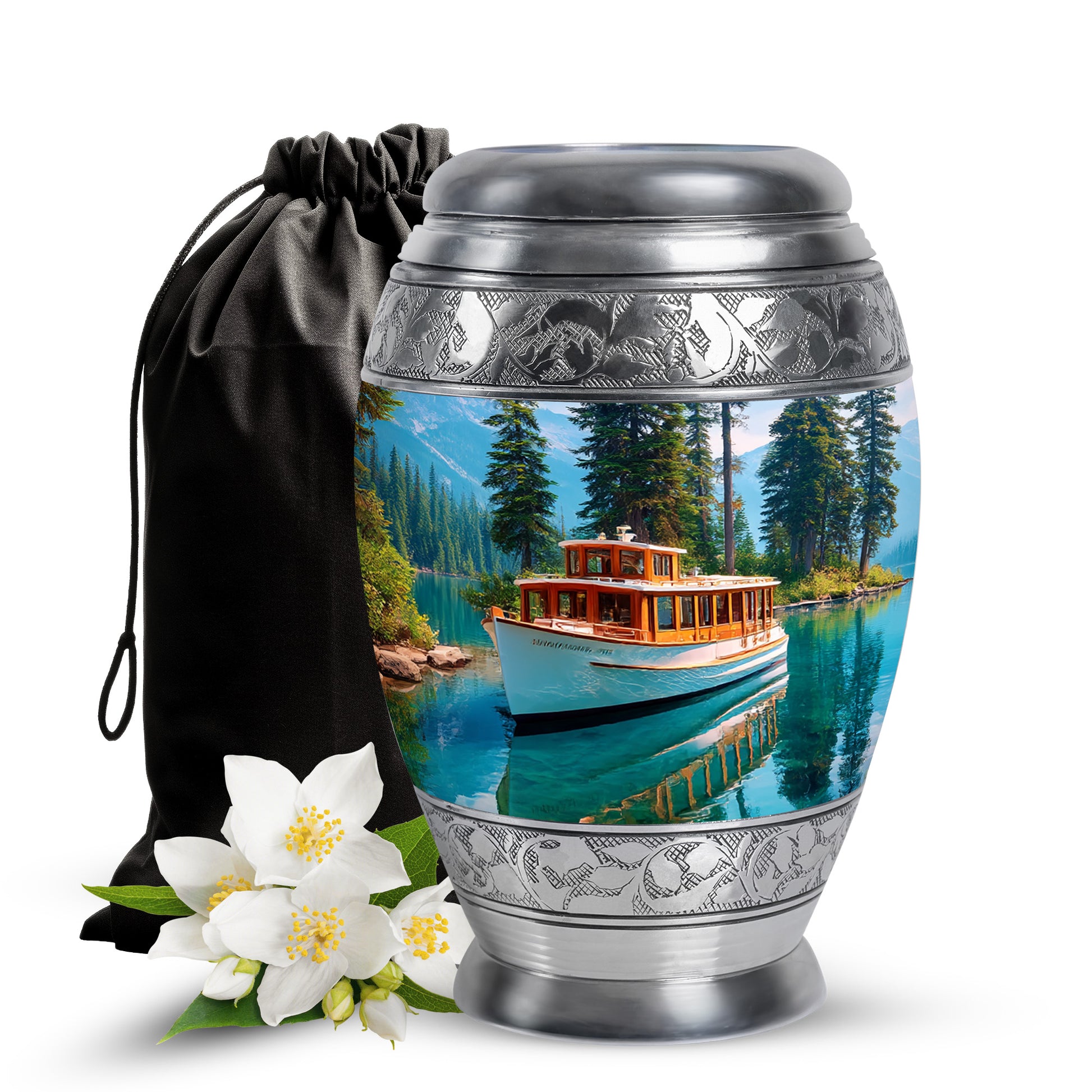 Celestial Blue Boat Cremation Urn back view with polished surface - ornate monarch-style boat relief on brushed aluminum - full-size 10 inch 200 cubic inch adult cremation urn