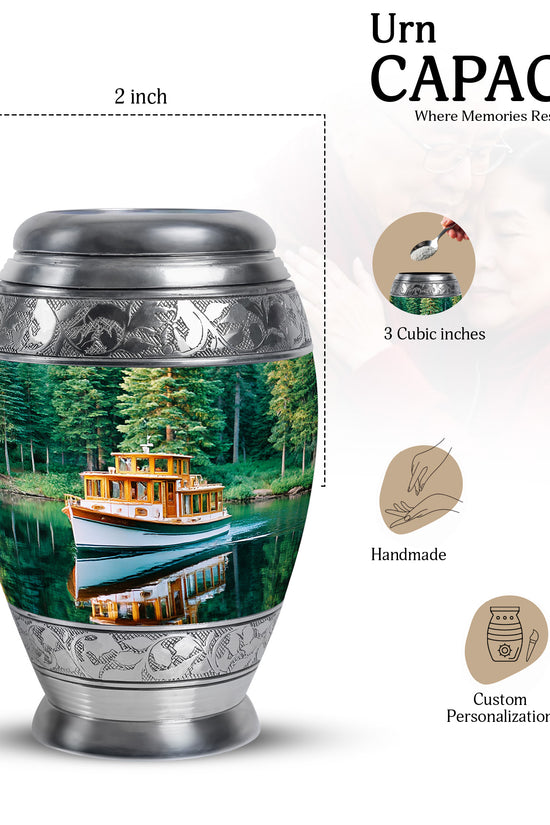 Jewel Teal Boat Cremation Urn lifestyle display on memorial shelf - regal boat design with crown-inspired accents - mini keepsake memorial for portion of cremation ashes
