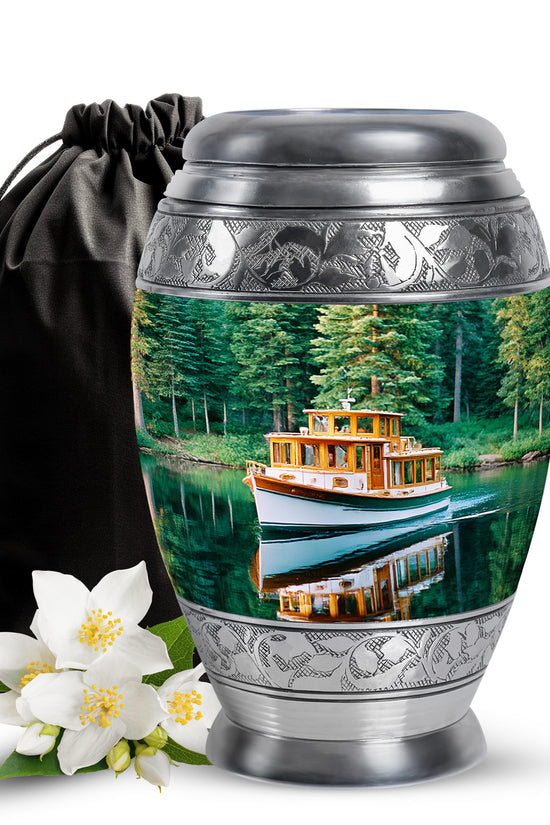 Tropical Teal Boat Cremation Urn back view with polished surface - royal boat engraving with decorative scrollwork - full-size 10 inch 200 cubic inch adult cremation urn