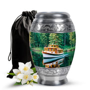 Tropical Teal Boat Cremation Urn back view with polished surface - royal boat engraving with decorative scrollwork - full-size 10 inch 200 cubic inch adult cremation urn